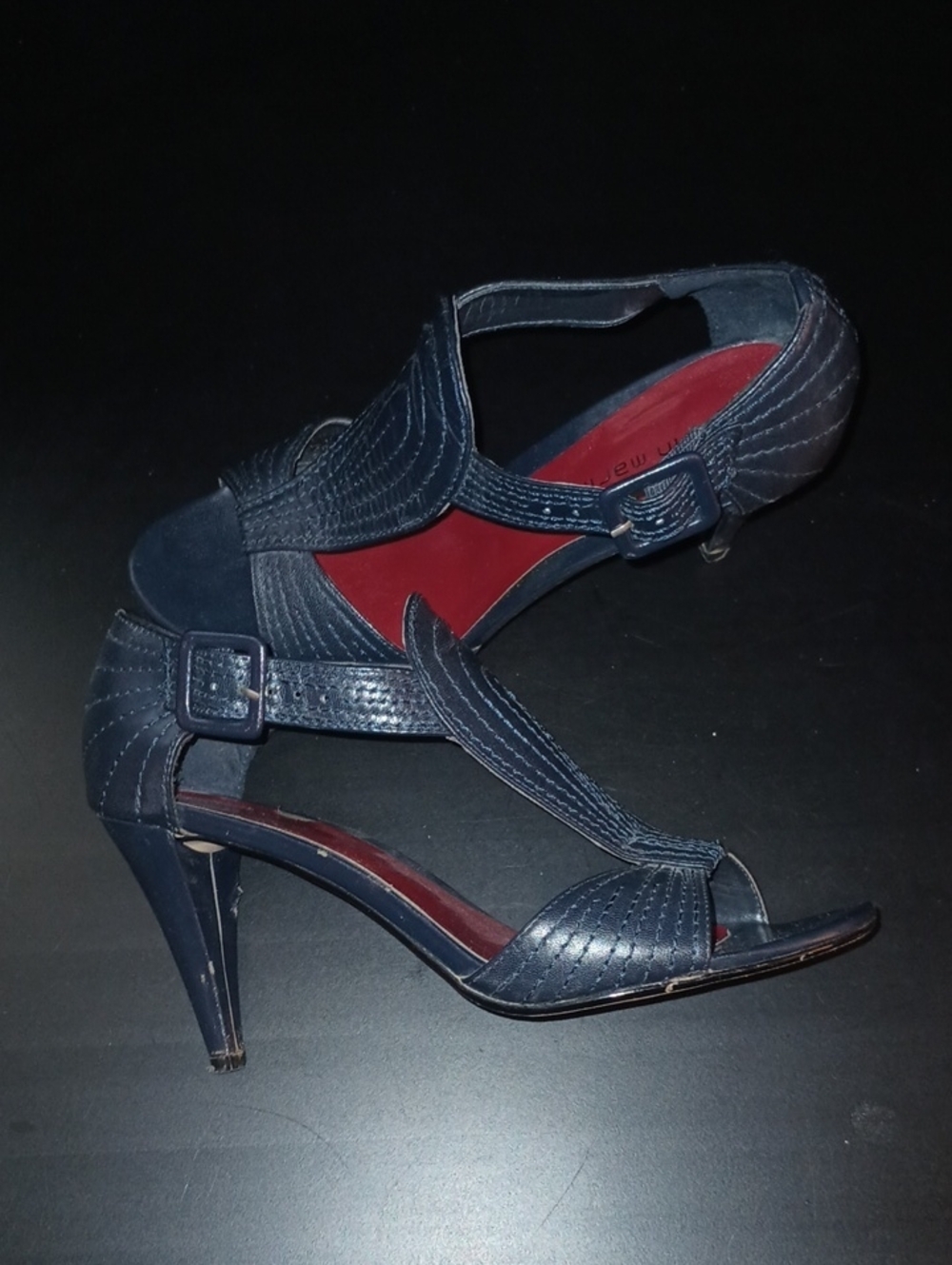 Ann Marino Black Strappy Open-Toe Heels Red Insole Woman's Size 7 Sexy Classy 👠